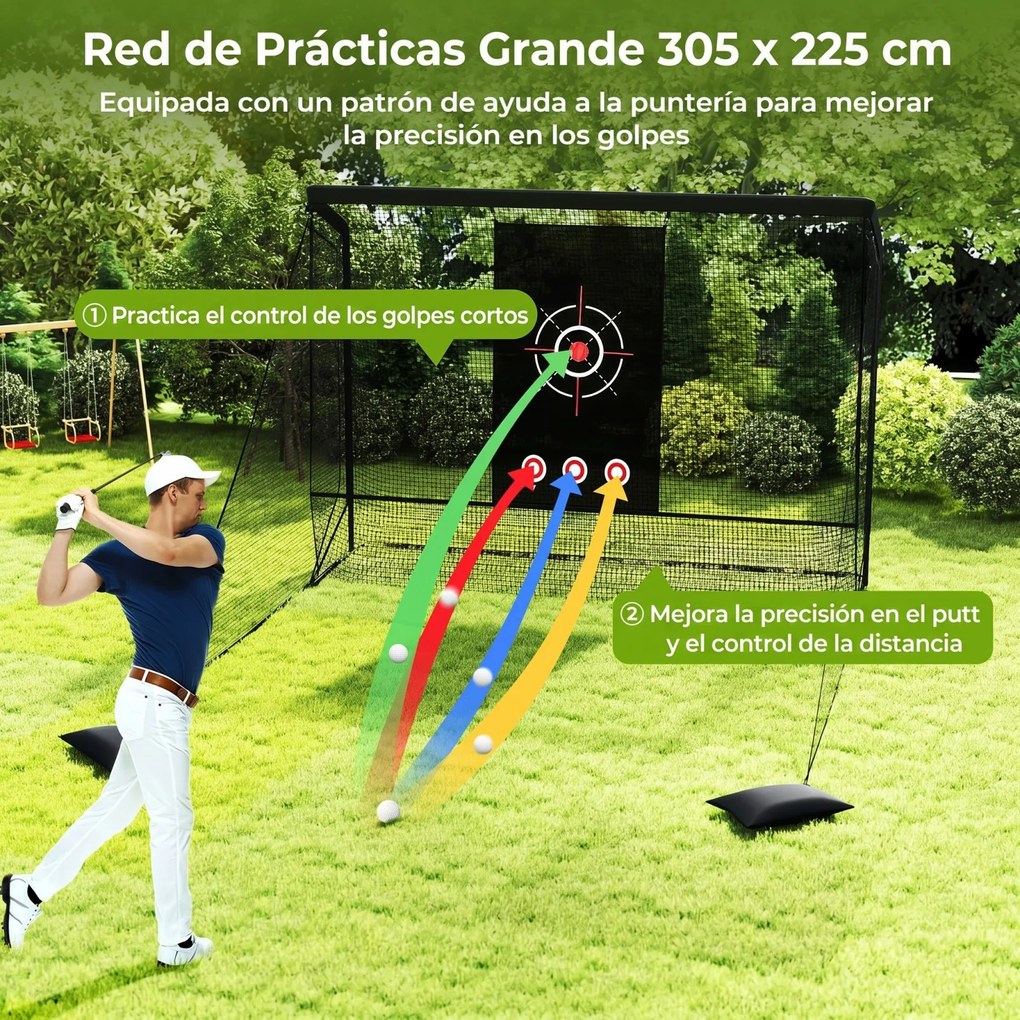 Rede de treino de golfe com redes laterais amovíveis, tecido branco e saco de transporte portátil para uso interior e exterior, 305 x 326 x 225 cm