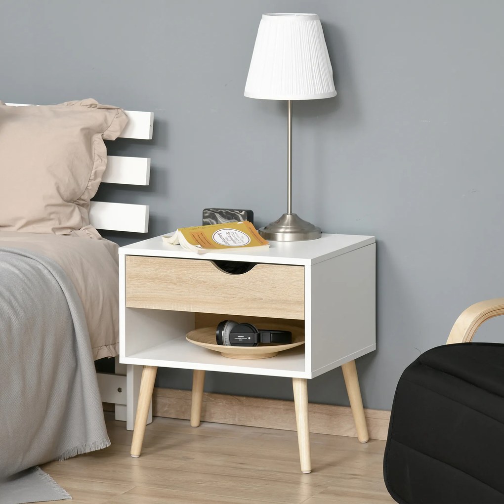 Mesa de Cabeceira, 50 x 39 x 51 cm, Design Escandinavo, Branco e cor Madeira Natural