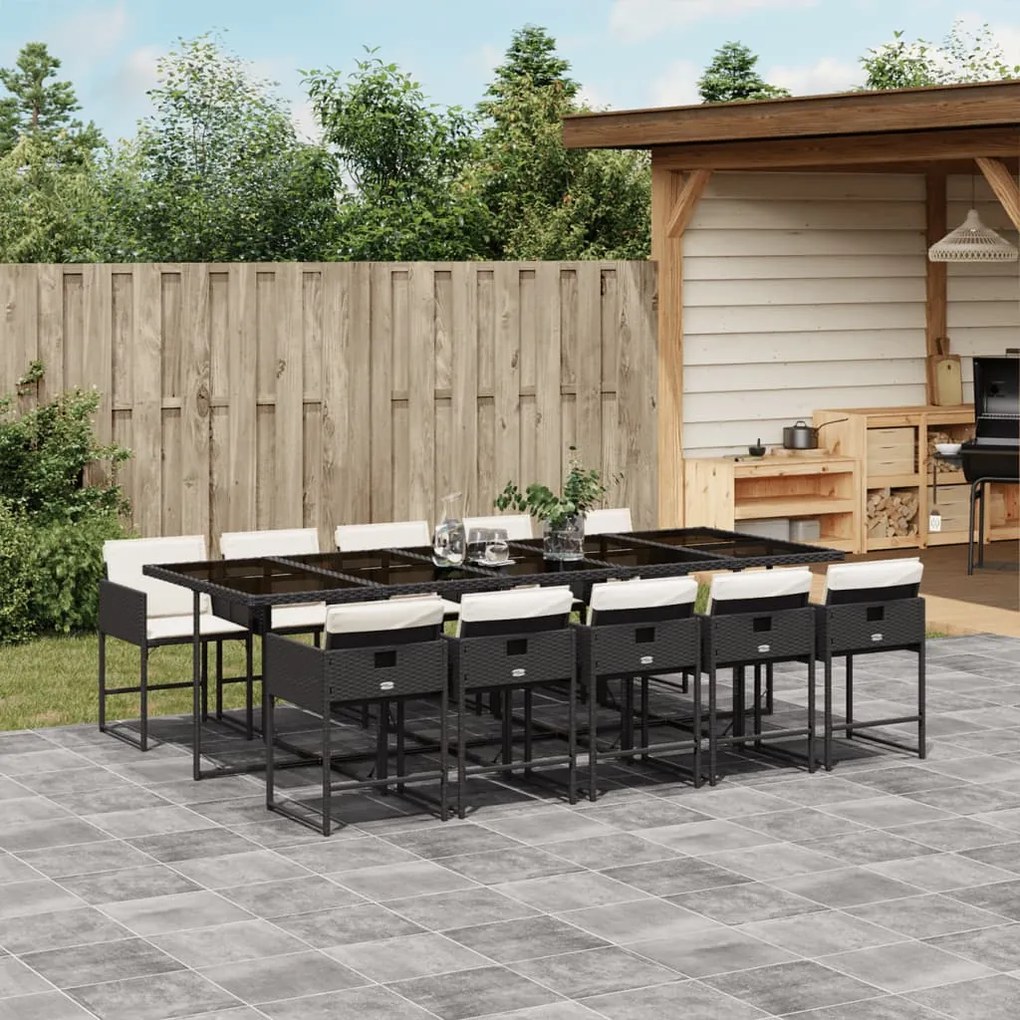 11 pcs conjunto de jantar p/ jardim c/ almofadões vime PE preto