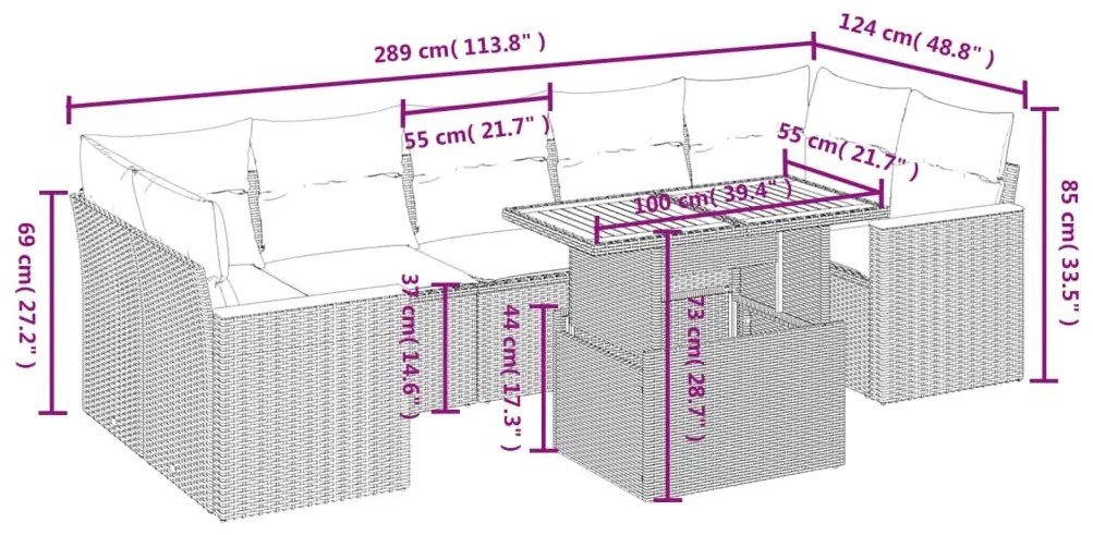 8 pcs conjunto de sofás p/ jardim com almofadões vime PE bege