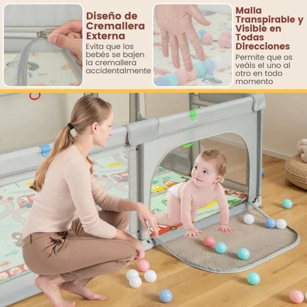 Parque infantil grande para bebés de 188 x 157 cm com aro de basquetebol, baliza, área de jogos com fecho e rede respirável cinzenta