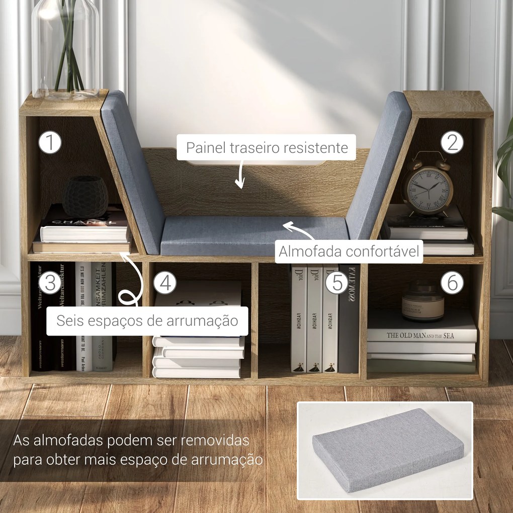 Estante para Livros 102x30x61 cm com Banco Integrado e 6 Cubos Estante Infantil com Assento Madeira e Cinzento