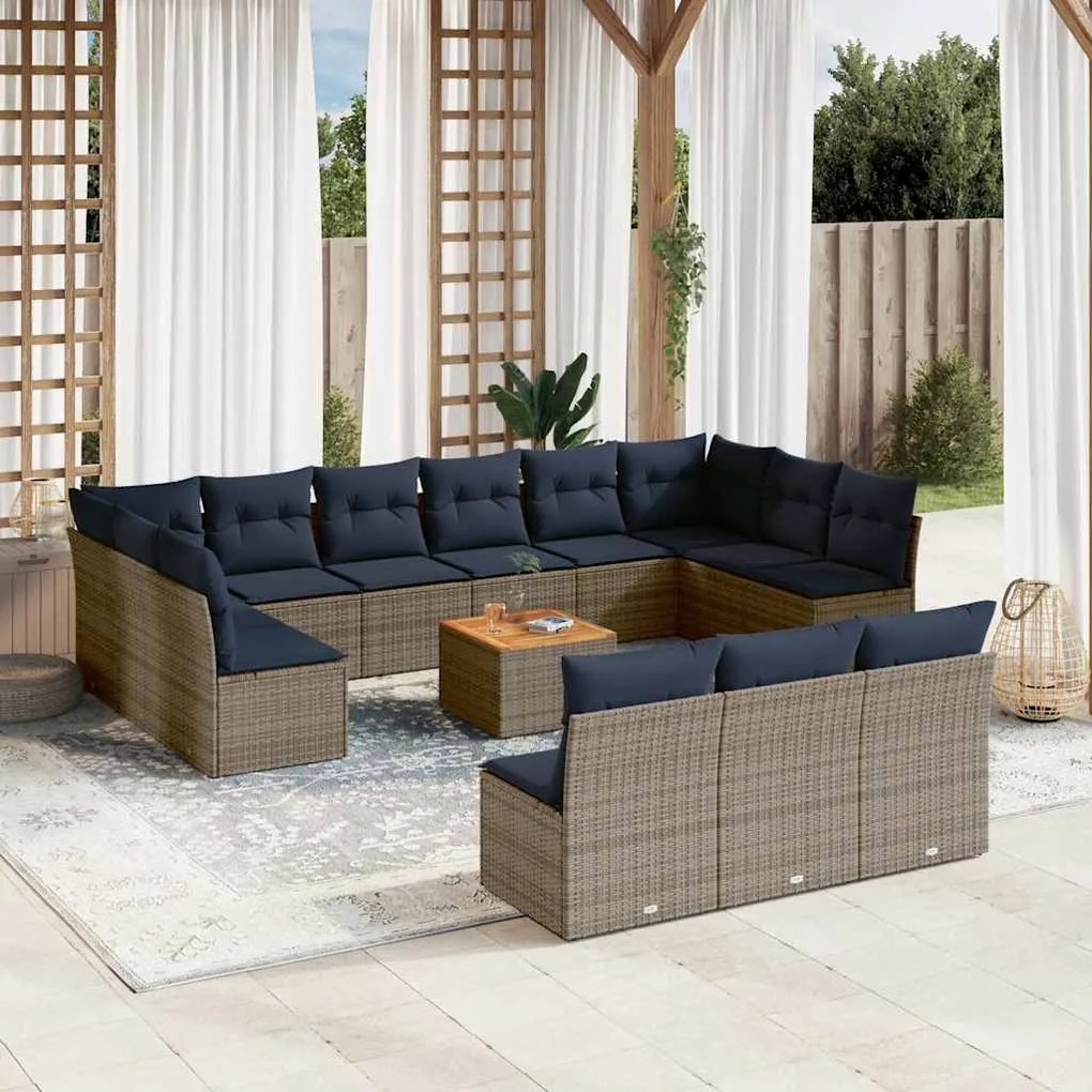 vidaXL 14 pcs conjunto sofás p/ jardim c/ almofadões vime PE cinzento