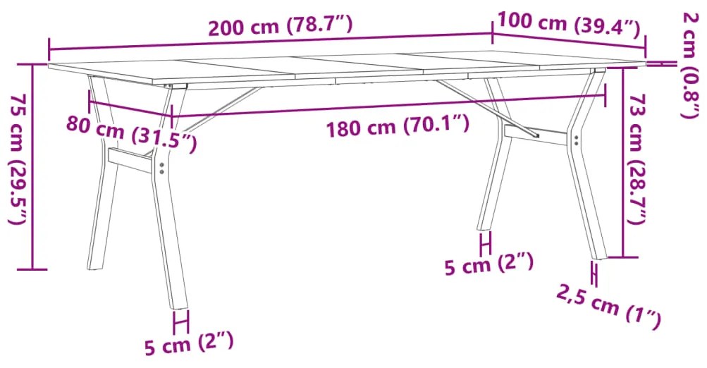 Mesa de jantar estrutura em Y 200x100x75 cm pinho/ferro fundido