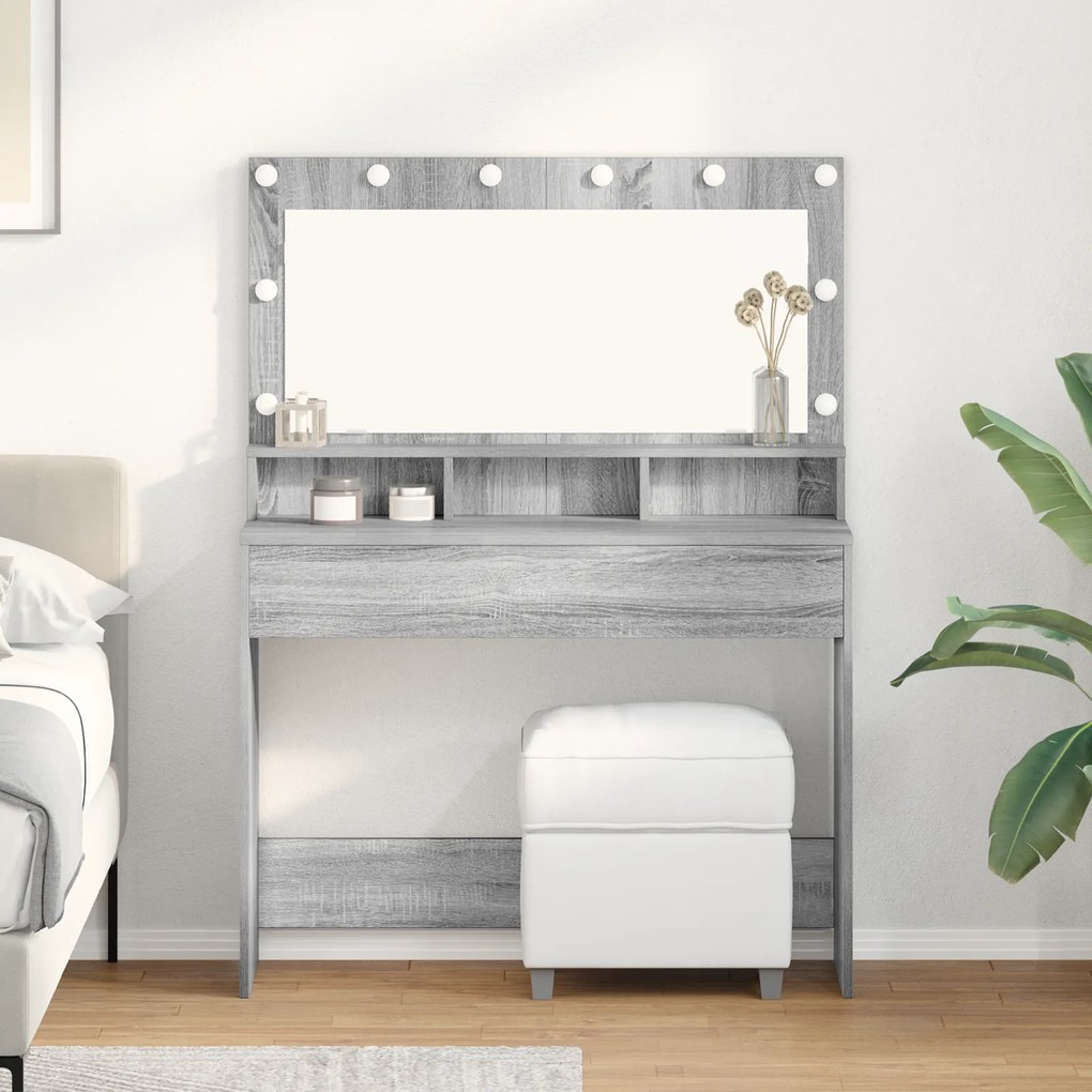 Mesa de Maquiagem vidaXL com Luzes LED Cinza Sonoma 100x41x135 cm