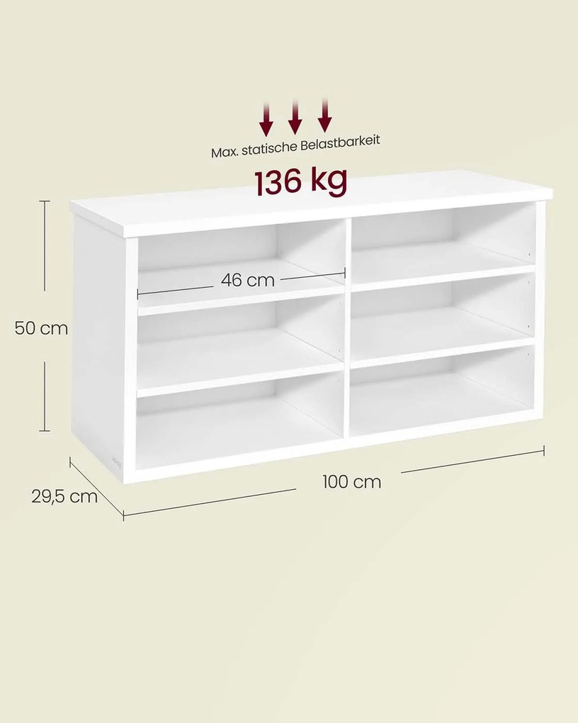 Banco para sapatos com espaço de arrumação e prateleiras ajustáveis 29,5 x 100 x 50 cm Branco