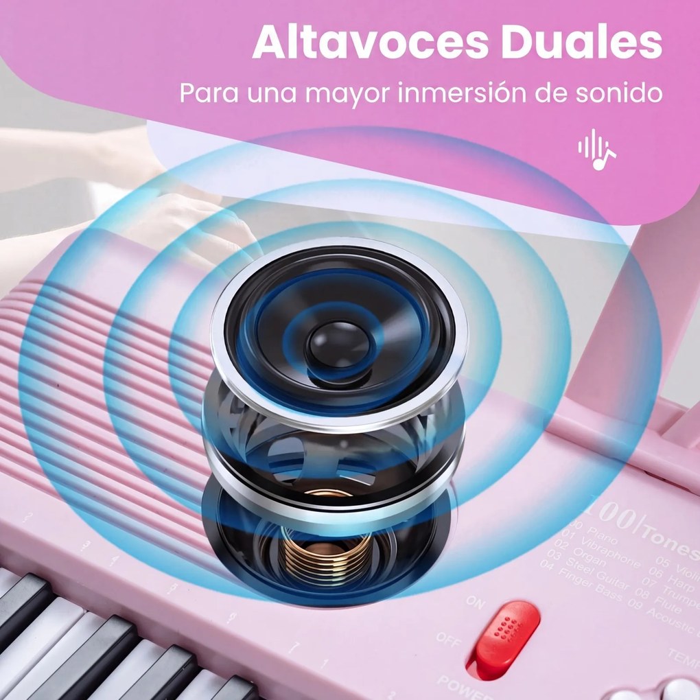 Teclado de piano portátil de 61 teclas com suporte para partituras, microfone, autocolantes de notas e bolsa – 58 x 18 x 5 cm – Rosa