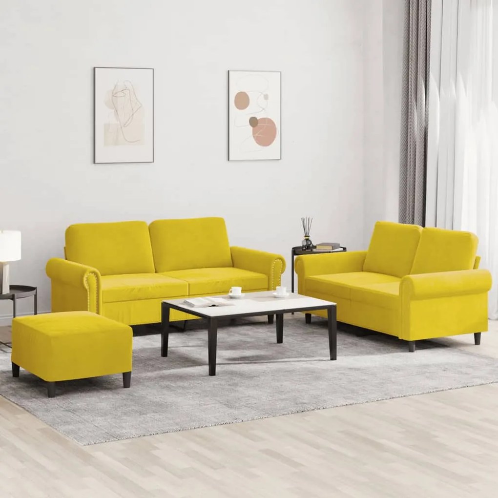 3 pcs conjunto de sofás com almofadões veludo amarelo