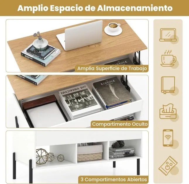 Mesa de centro 100 x 50 x 45 cm elevável com tampo ajustável, amplo compartimento oculto e 3 espaços abertos com pernas de metal branca
