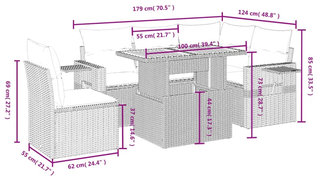 6 pcs conjunto de sofás p/ jardim com almofadões vime PE bege