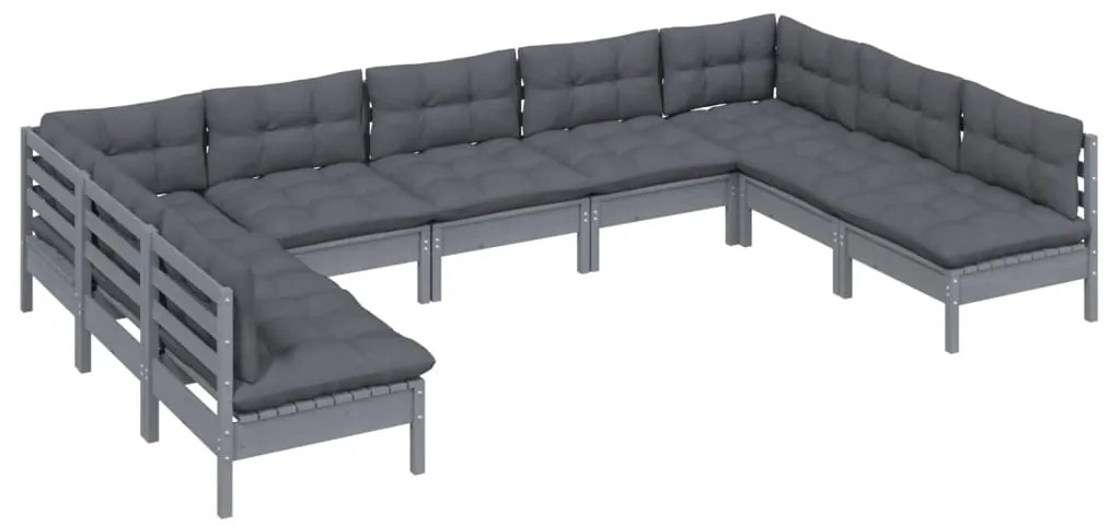 9 pcs conjunto lounge de jardim + almofadões pinho maciço cinza