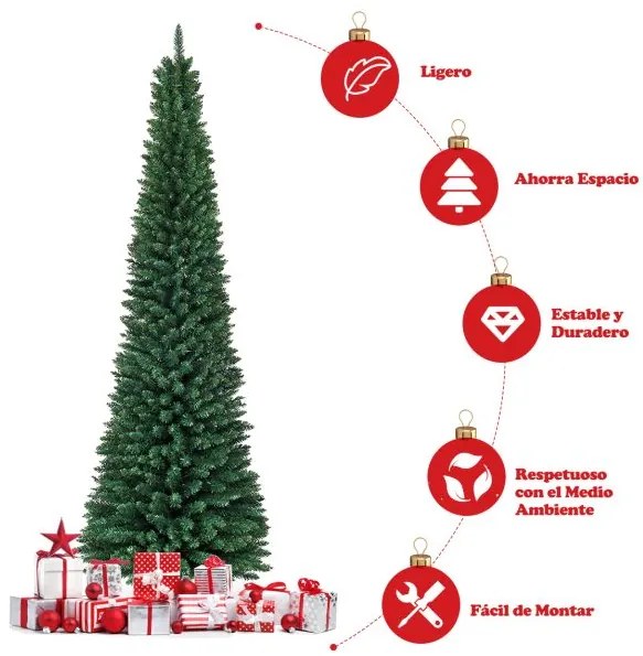 Árvore de Natal Verde de 270 cm 1500 Ramos de Agulhas em PVC Estrutura com Dobradiças e Base de Metal Árvore de Natal Slim Verde