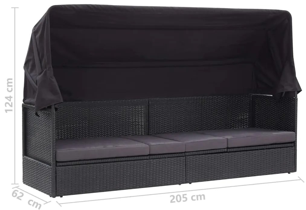 Sofá-cama de exterior com toldo vime PE preto