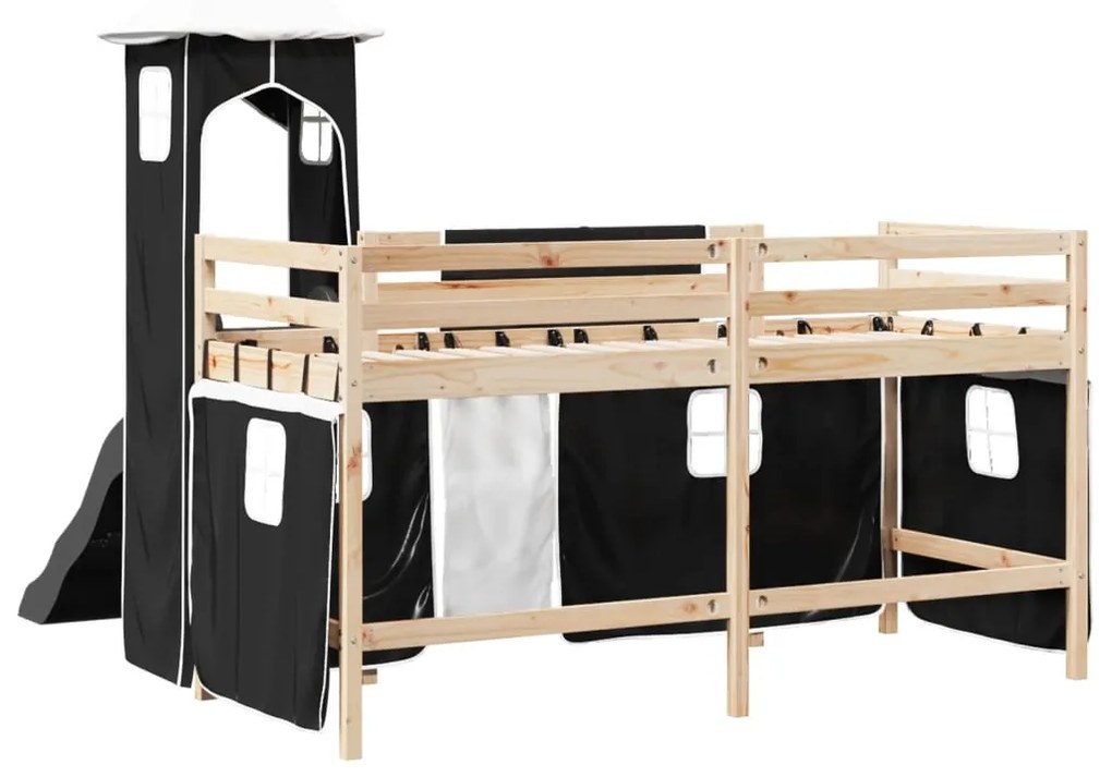 Cama alta criança c/ torre 90x190 cm pinho maciço branco/preto