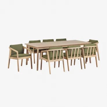 Conjunto De Mesa Retangular Kaela (220x100 Cm) E 8 Cadeiras De Jantar Em Madeira De Acácia Bouclé Verde Exército - Sklum