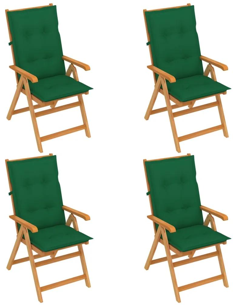 3065550 vidaXL Cadeiras de jardim c/ almofadões verdes 4 pcs teca maciça