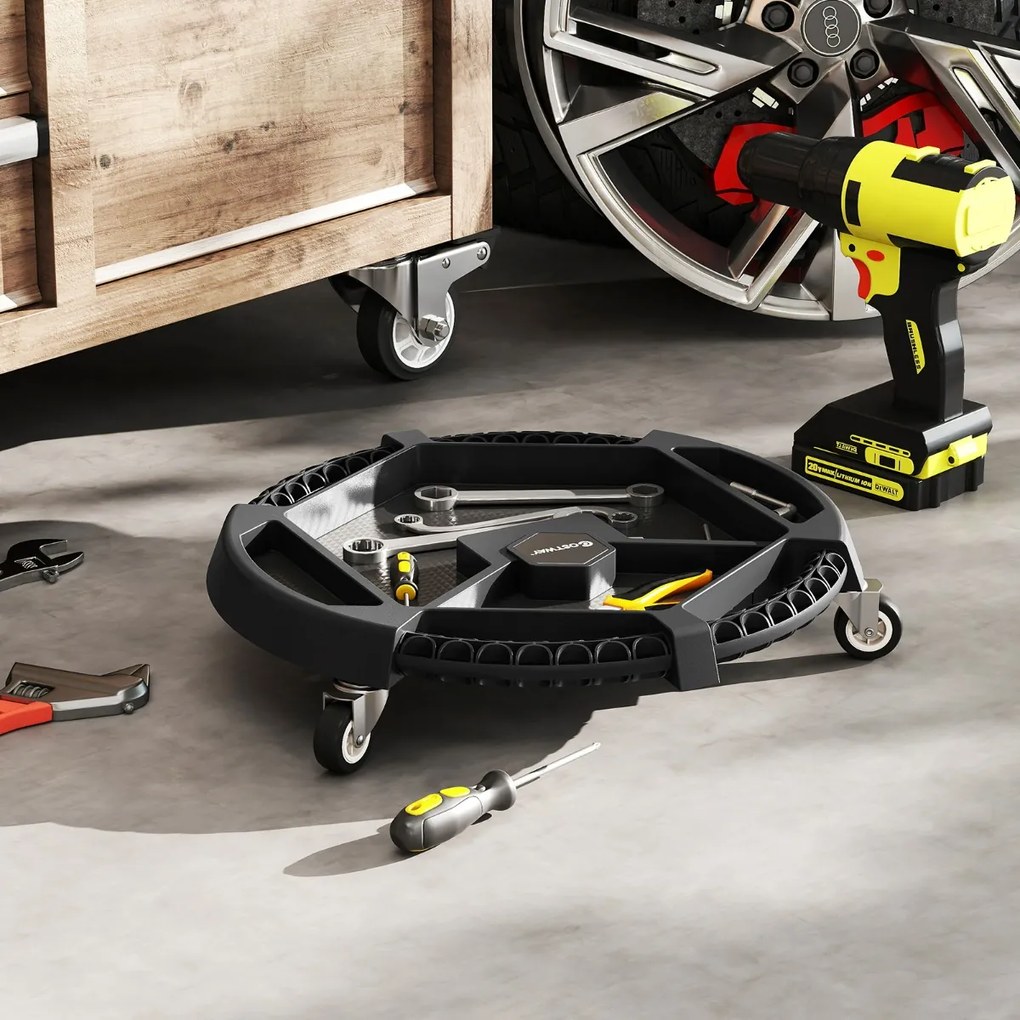 Carrinho para ferramentas redondo Oficina 49,5 x 11 cm com 3 rodas giratórias e 4 compartimentos Preto