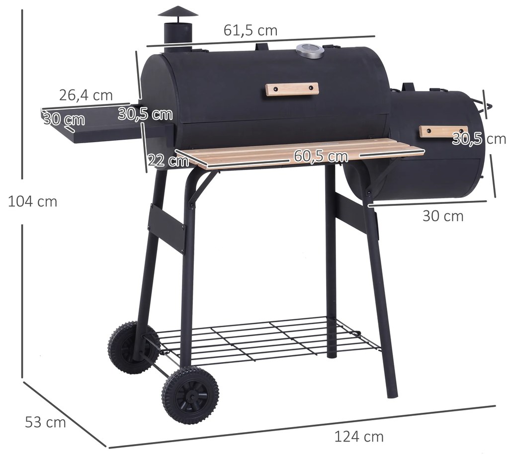 Grelhador a Carvão 2 em 1 Defumador e Grelha churrasco com Termómetro Rodas e Prateleiras 124x53x104cm Preto