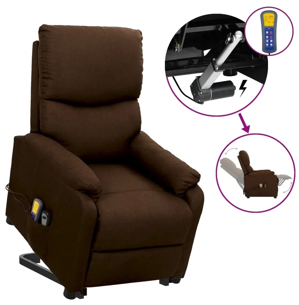 vidaXL Poltrona elevatória de massagens tecido castanho-escuro
