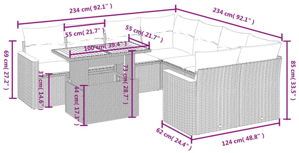 9 pcs conjunto de sofás p/ jardim c/ almofadões vime PE preto