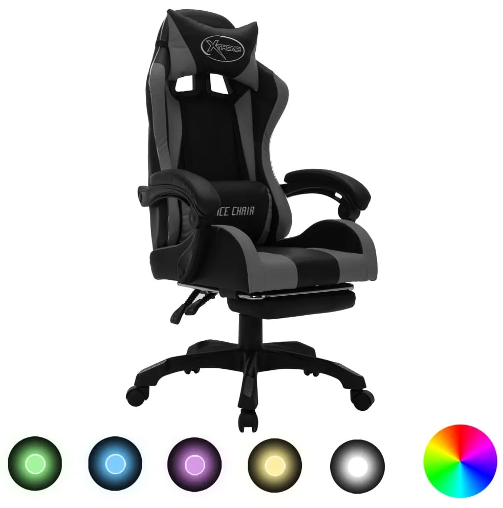 Cadeira estilo corrida luzes LED RGB couro artif. cinza/preto