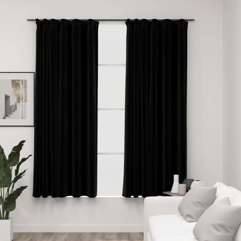 Cortinas opacas aspeto linho com ganchos 2 pcs 140x175 cm preto