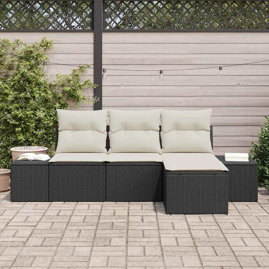 Conjunto de Sofá de Jardim com 4 peças e almofadas em rattan preto