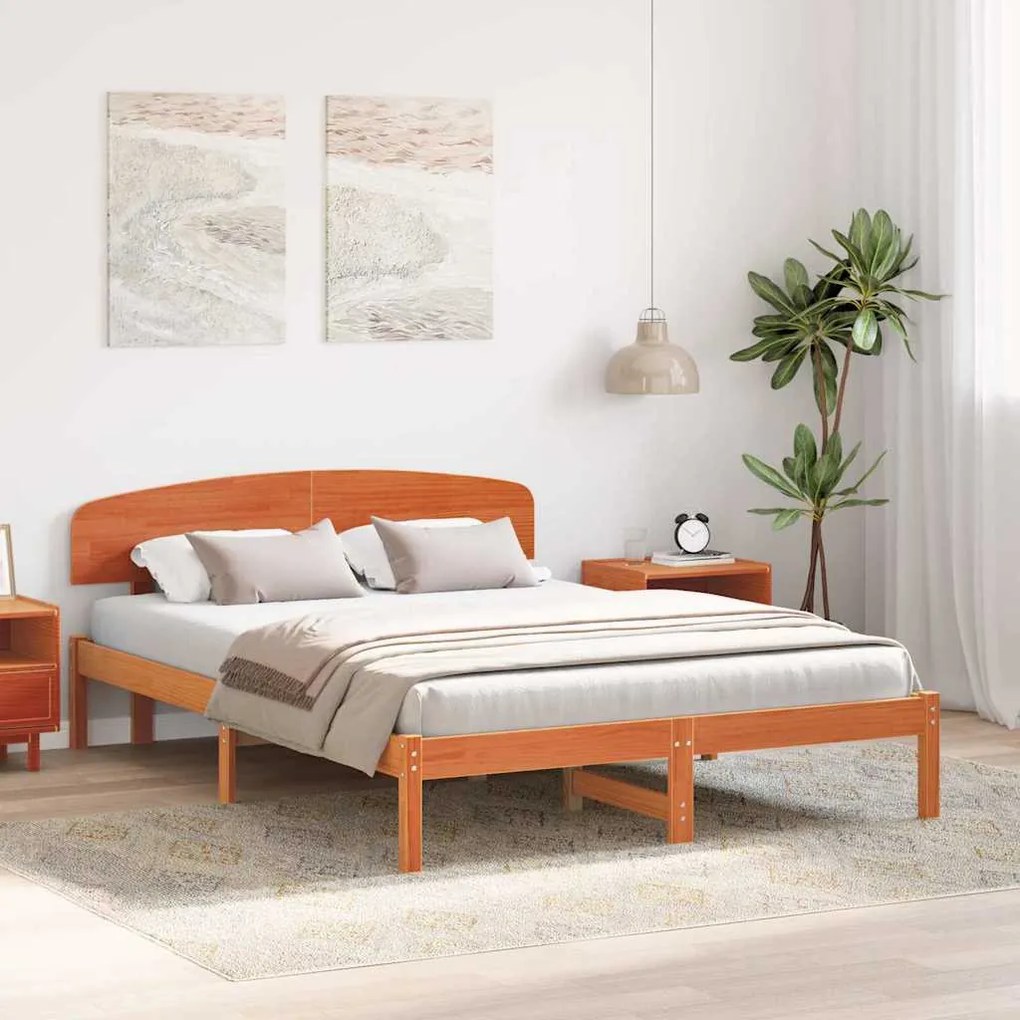 Estrado de Cama com Cabeceira Castanho Encerado 140x200 cm Madeira Sól