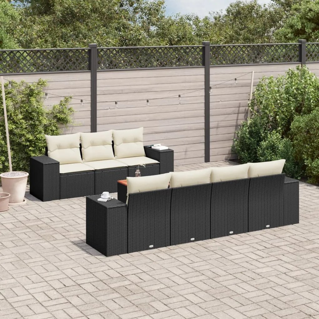 8 pcs conjunto sofás de jardim com almofadões vime PE preto