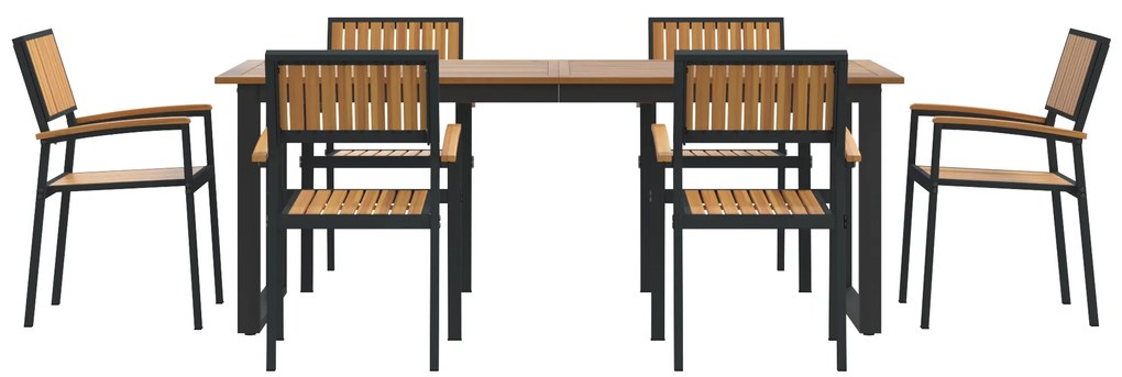 Conjunto de Jantar de 7 Peças em Aço Preto e Madeira de Acácia
