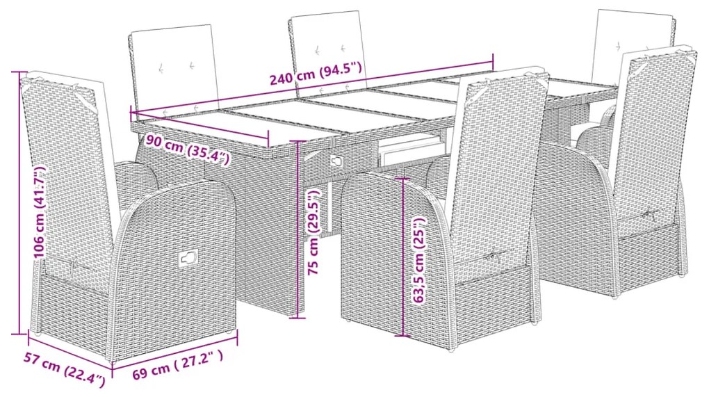 7 pcs conjunto de jantar p/ jardim c/ almofadões vime PE cinza