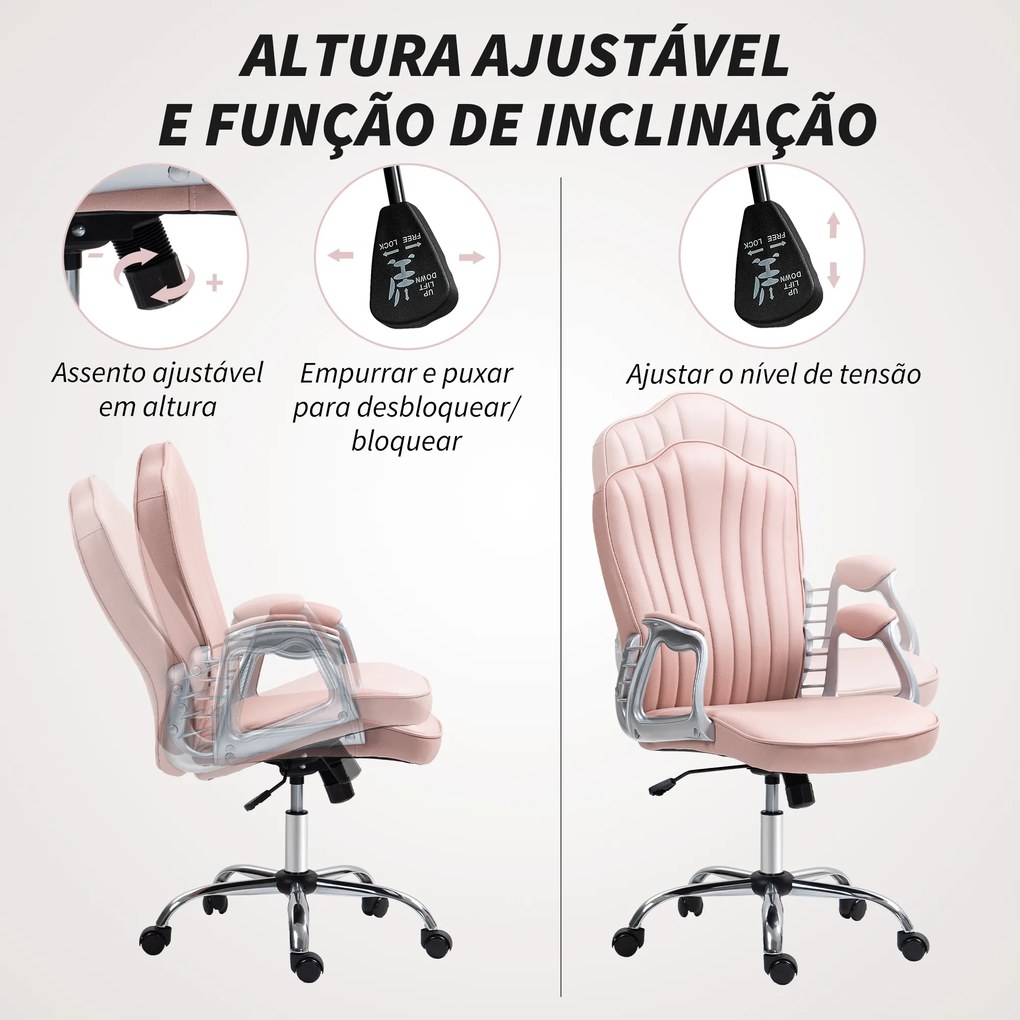 Cadeira de Escritório com Encosto Alto Cadeira para Secretária com Altura Ajustável Função Inclinável 61x62x106-116 cm Rosa