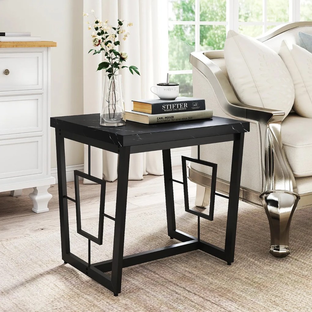 Mesa Apoio Quadrada Moderna 60 x 60 x 60 cm com Tampo em Mármore Sintético e Base Metálica em Forma de H para Quarto ou Sala Preto