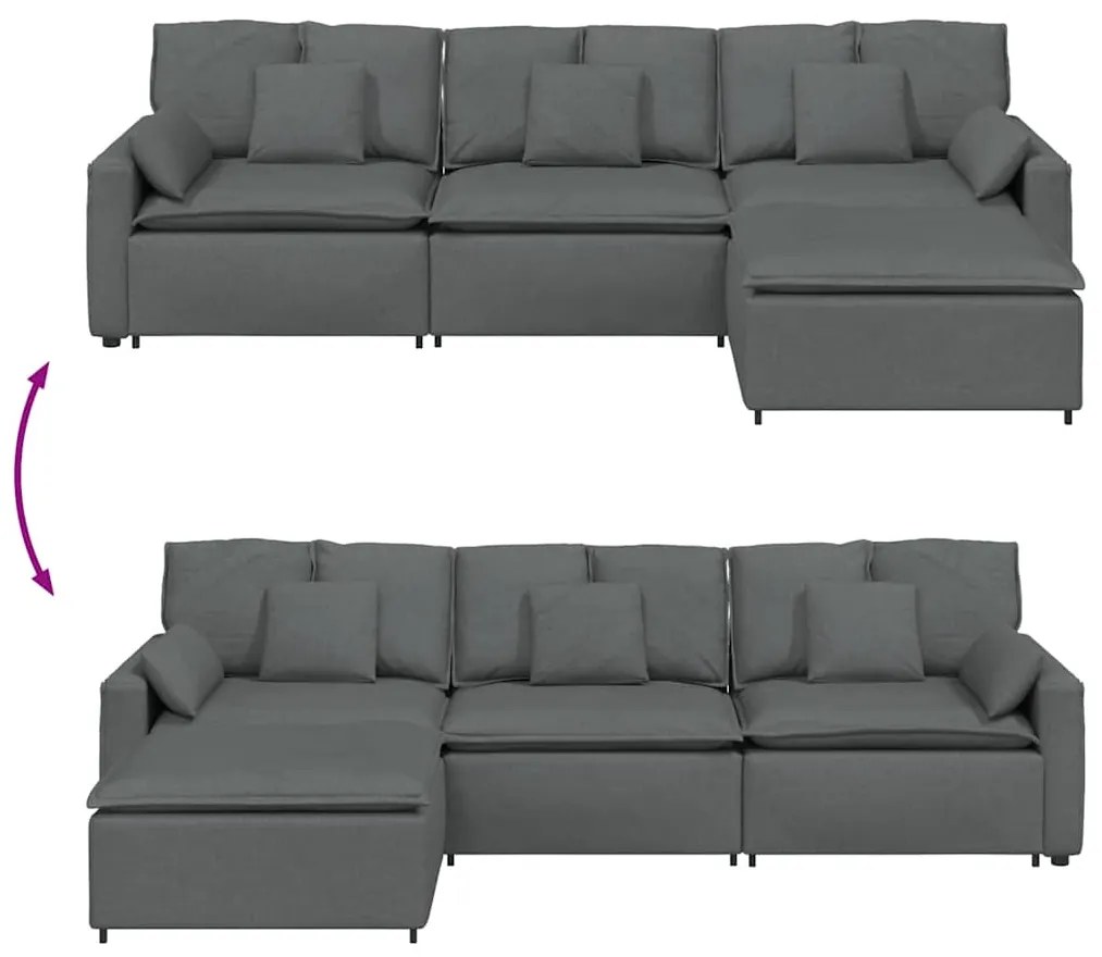 Sofá modular com pufes e almofadas cinzento-escuro