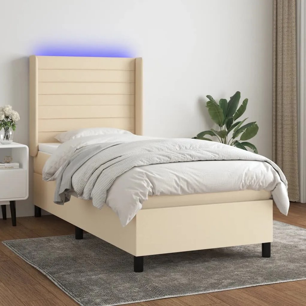 Cama box spring c/ colchão e LED 90x200 cm tecido cor creme