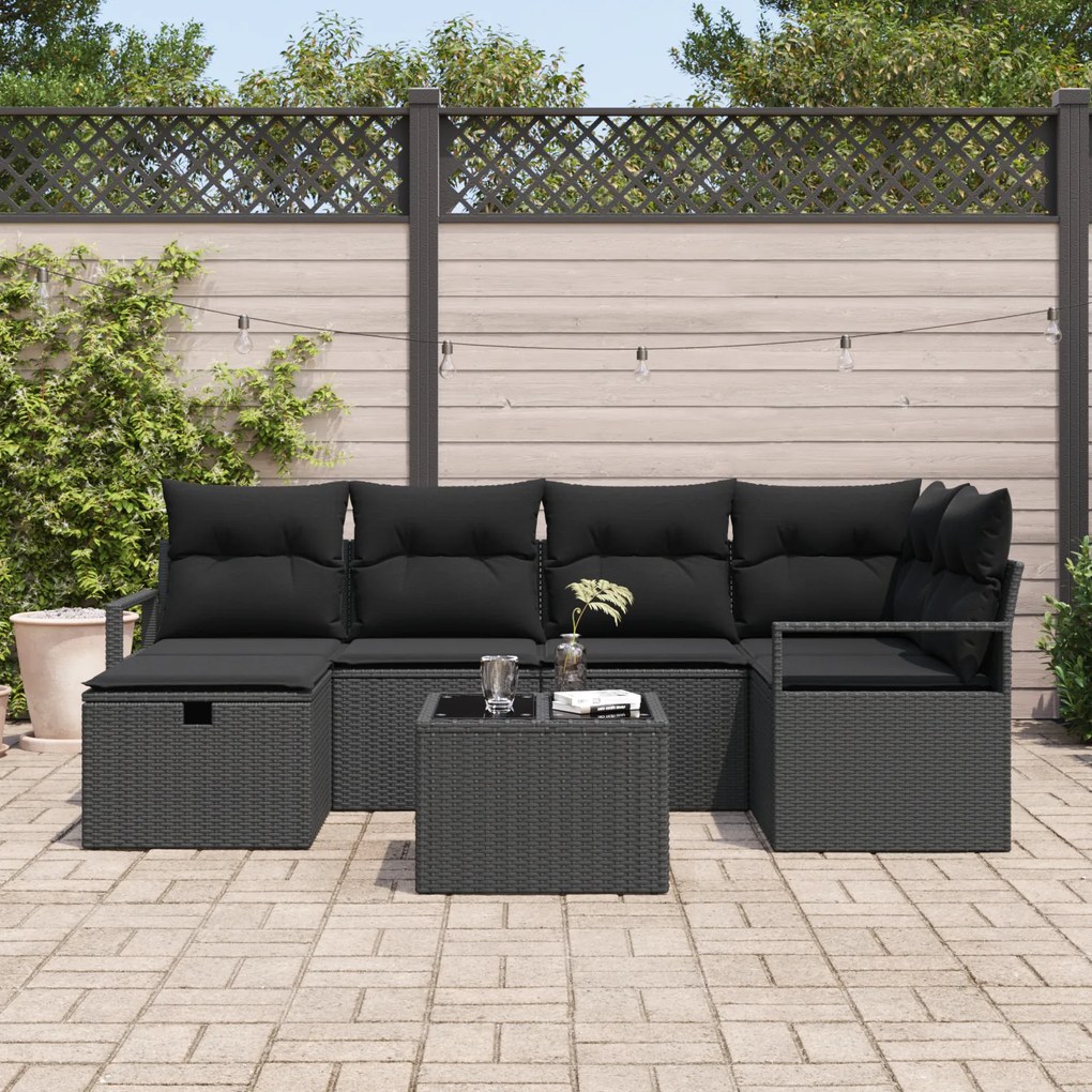 Conjunto de Sofá de Jardim vidaXL 7 Peças com Almofadas Vime Preto, So