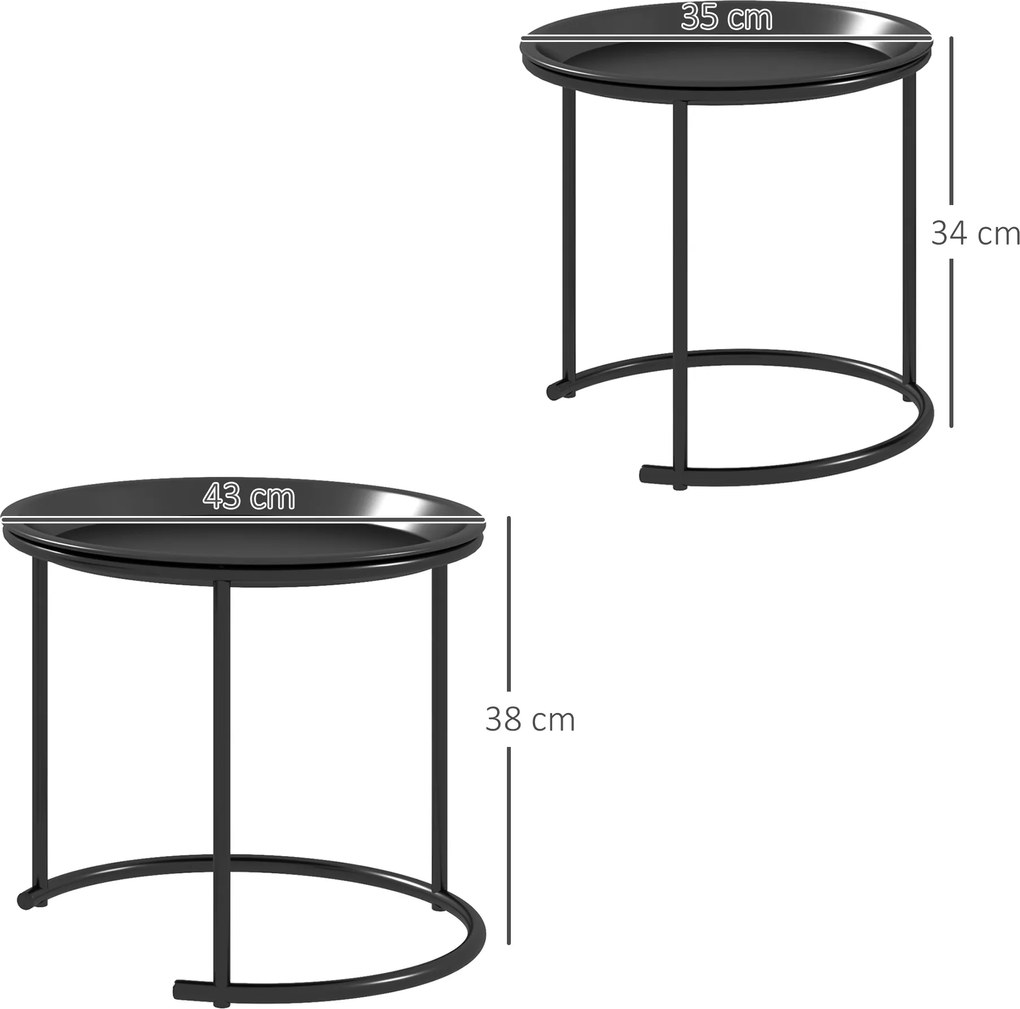 Conjunto de 2 mesas de centro redondas encaixáveis com tampos removíveis, estilo industrial, em aço, Ø 43 e Ø 35 cm, preto