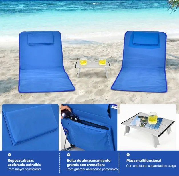 Conjunto de 2 espreguiçadeiras de praia dobráveis Tapetes de praia com mesa portáteis para a praia, jardim, campismo azuis
