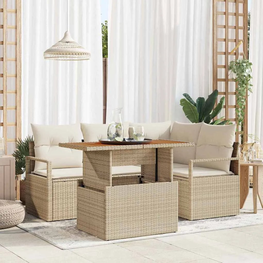 vidaXL Sofá de Jardim em 5 Peças com Almofadas Bege em Rattan Sintético e Acácia.