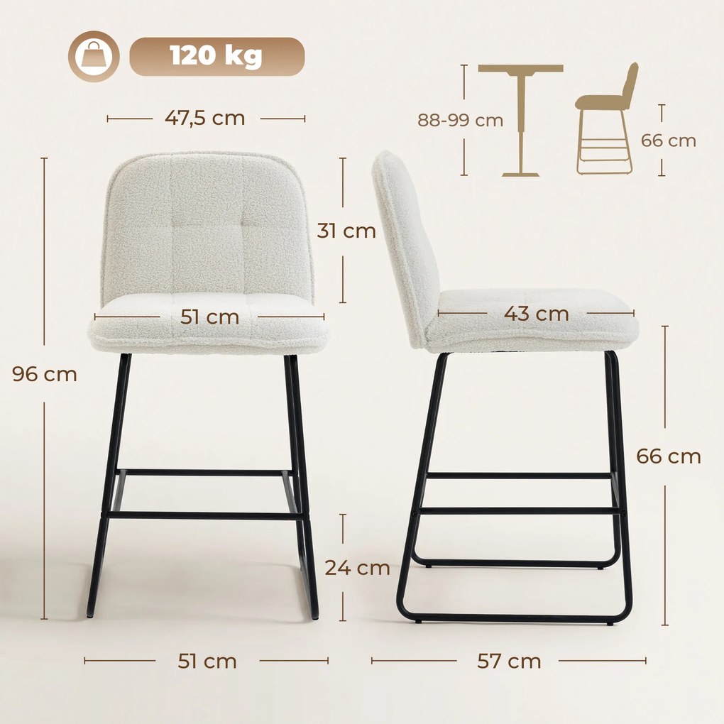 Conjunto de 2 bancos de bar, cadeiras de bar estofadas em tecido bouclé, assento extragrande com 66 cm de altura, cor creme