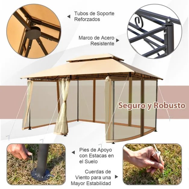 Pérgola com rede amovível Estrutura de aço duplo para churrasco Picnic Casamento 3,9 x 2,9 m ) Castanho