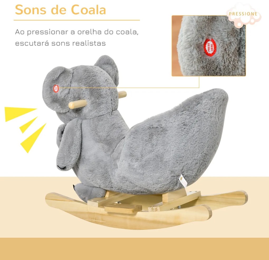 Baloiço Infantil com Forma de Coala com Fantoche para Bebés 18-36 Meses com Som Cinto de Segurança e Apoio para os Pés 60x33x50cm Cinza