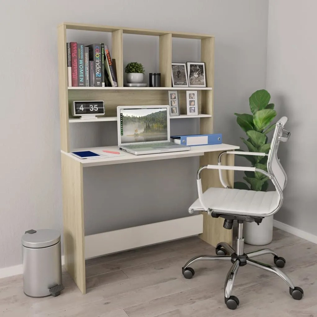 vidaXL Secretária c/ prateleiras 110x45x157cm contrap. branco/carvalho