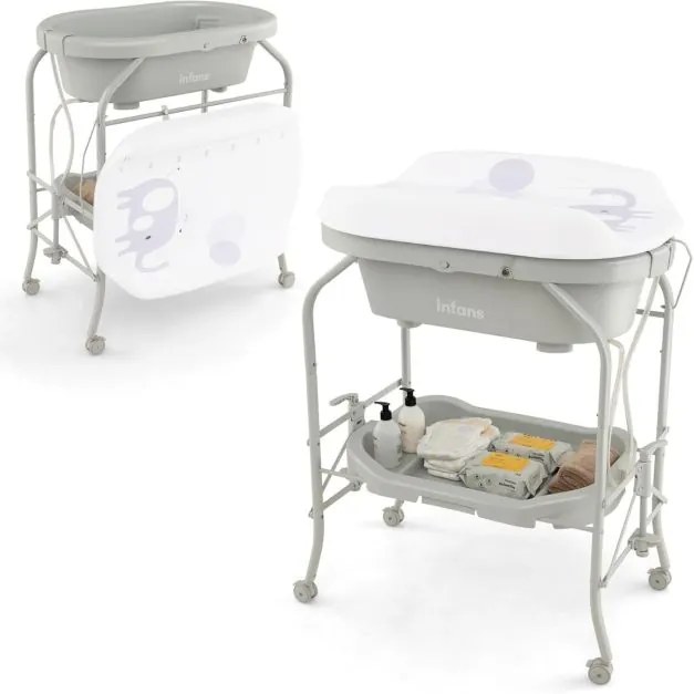 Troca-fraldas com banheira dobrável e portátil para bebés com bandeja de armazenamento e 4 rodas universais com travas, carga 35 kg, cinza