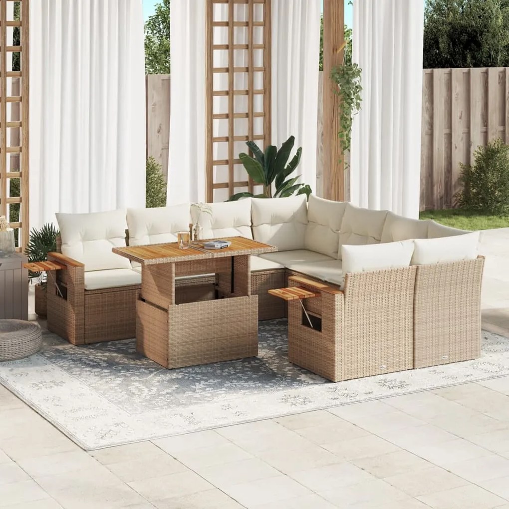 9 pcs conjunto de sofás p/ jardim com almofadões vime PE bege