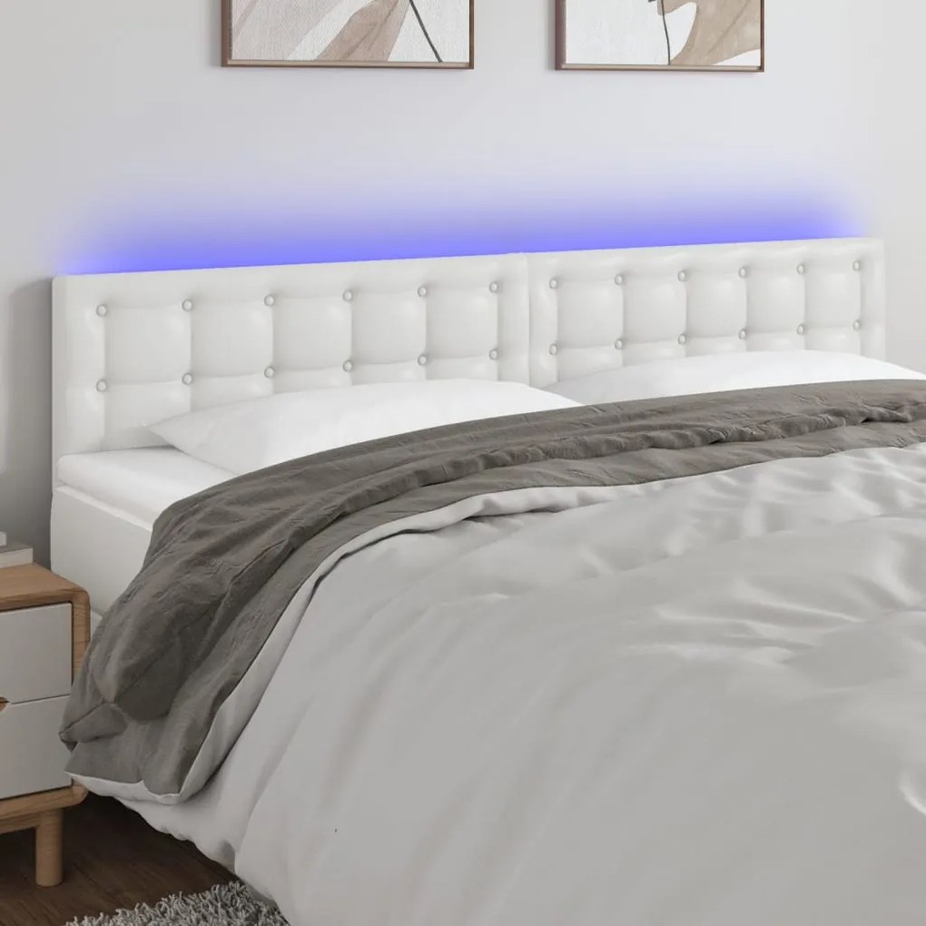 Cabeceira de cama c/ LED couro artificial 200x5x78/88 cm branco