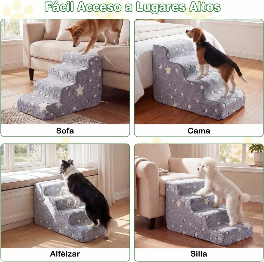 Escada de espuma 80 x 42 x 48 cm com 4 degraus para cães luminescente, com base antiderrapante e capa lavável de alta densidade, para animais de estim