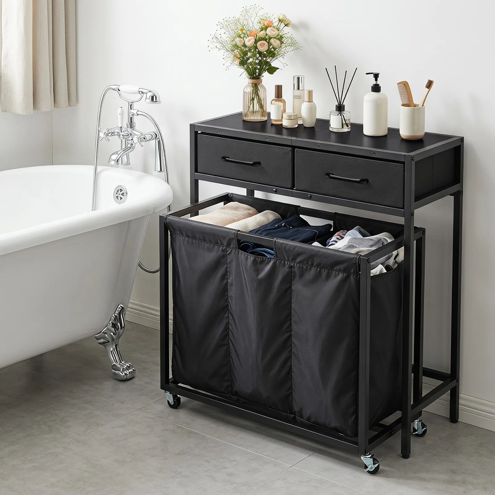 Cesto para Roupa Suja com Rodas, 80 x 32 x 77 cm, Três Compartimentos, Preto