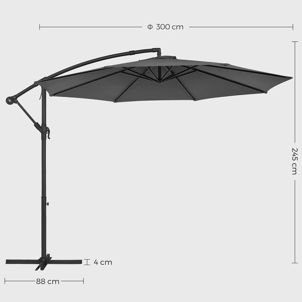 Guarda-sol jadim Ø 3 m proteção UV até UPF 50+com base quadrada (Pesos não incluidos) com manivela para abrir e fechar cinzento