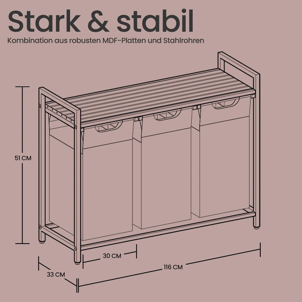 Cesto para roupa suja com 3 compartimentos e prateleira de 114 L, 92,5 x 33 x 72 cm preto + cinzento